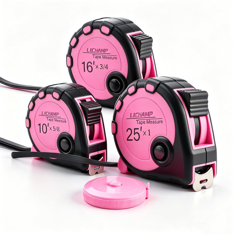 Lichamp Pink Tape Measure 4 Pack, with Soft Tape Measures, 10ft x 5/8in, 16ft x 3/4in, 25ft x 1in, 04MXPK