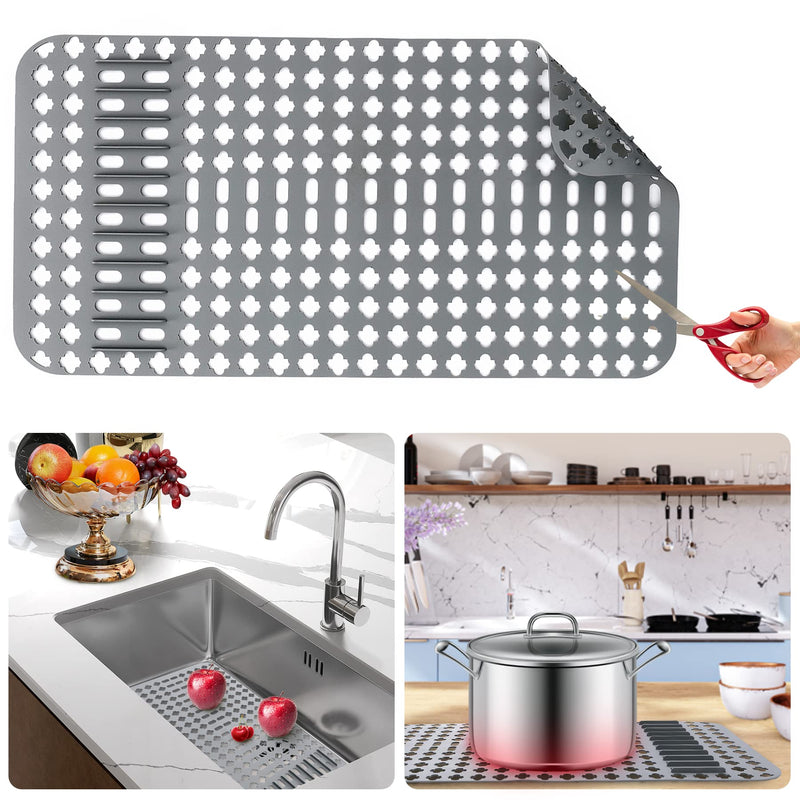 Kitchen Mat, Protectors for Sink 25"x13" Non-Slip Folding Grates for Bottom of Farmhouse Stainless Steel Porcelain Sink, DIY Silicone Can Be Cut to Any Size Grey-1 PCS 25”x13”-DIY 1pcs