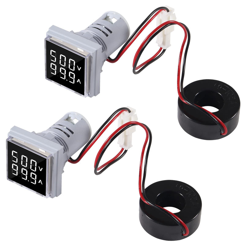 AITRIP 2Pack LED Display Voltmeter, Square Dual Display Voltmeter and Ammeter LED Digital Voltage Gauge AC 60-500V 0-100A Current Meter Indicator White