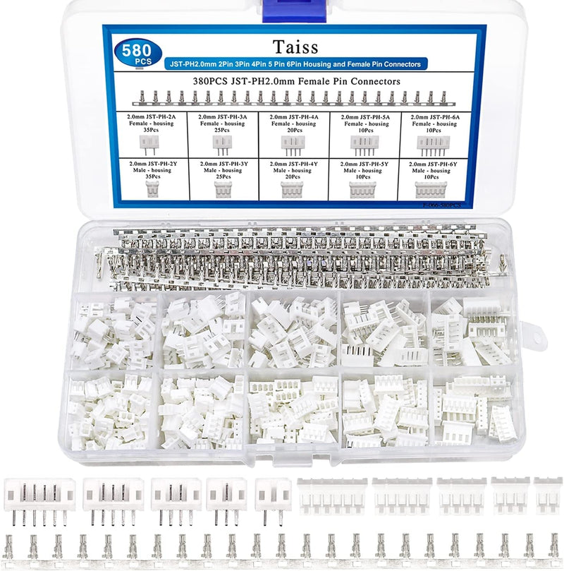 Taiss 580PCS JST PH Connector kit 2.0mm 2/3/4/5/6Pin Housing,Female and Male Adapter Cable Connector Plug,PH2.0mm Female Pin Connectors,JST Connector F-066-580PCS