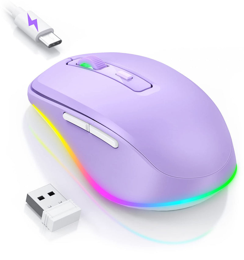 Wireless Mouse, Mouse Jiggler - LED Wireless Mice with Build-in Mouse Jiggler Mover, Rechargeable Moving Mouse for Computer with Undetectable Random Movement Keeps Computer Awake - Purple A Purple Mouse with Jiggler