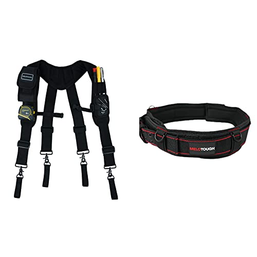 MELOTOUGH Magnetic Suspenders Tool Belt Suspenders with Large Moveable Phone Holder + Padded Tool Belt with D ring for men construction Strong Durable Double Metal Roller Buckle