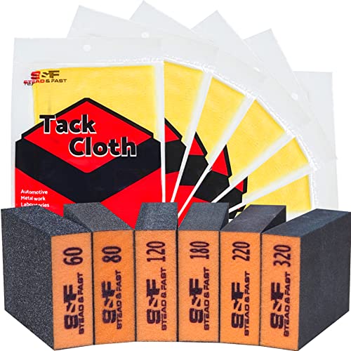 S&F STEAD & FAST Tack Cloth for Painting, woodworking, 18 x 36 Inches Dust Cloths, 6 pcs Pack/Sanding Block Set 6 Pcs, 60 80 120 180 220 320, Coarse Medium Fine Grit, Sanding Sponge Assortment
