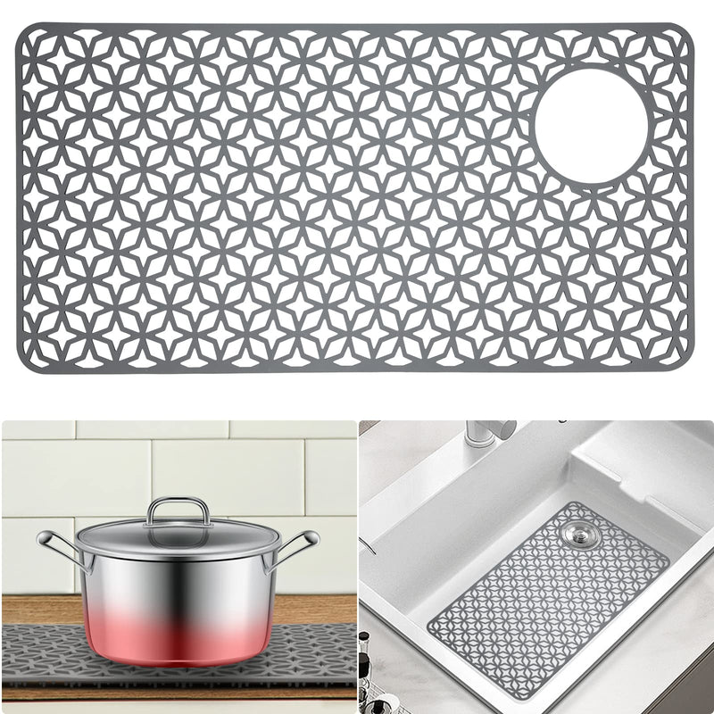 Sink Protectors for Kitchen Sink,28.2''x 14.2'' Sink Protectors for Kitchen,Sink Drainage Mat- Non-slip Sink Mat for Bottom of Kitchen Farmhouse Porcelain Sink Kitchen Sink Grid Accessory. Grey 28.2"x14.2" Upper Right Hole
