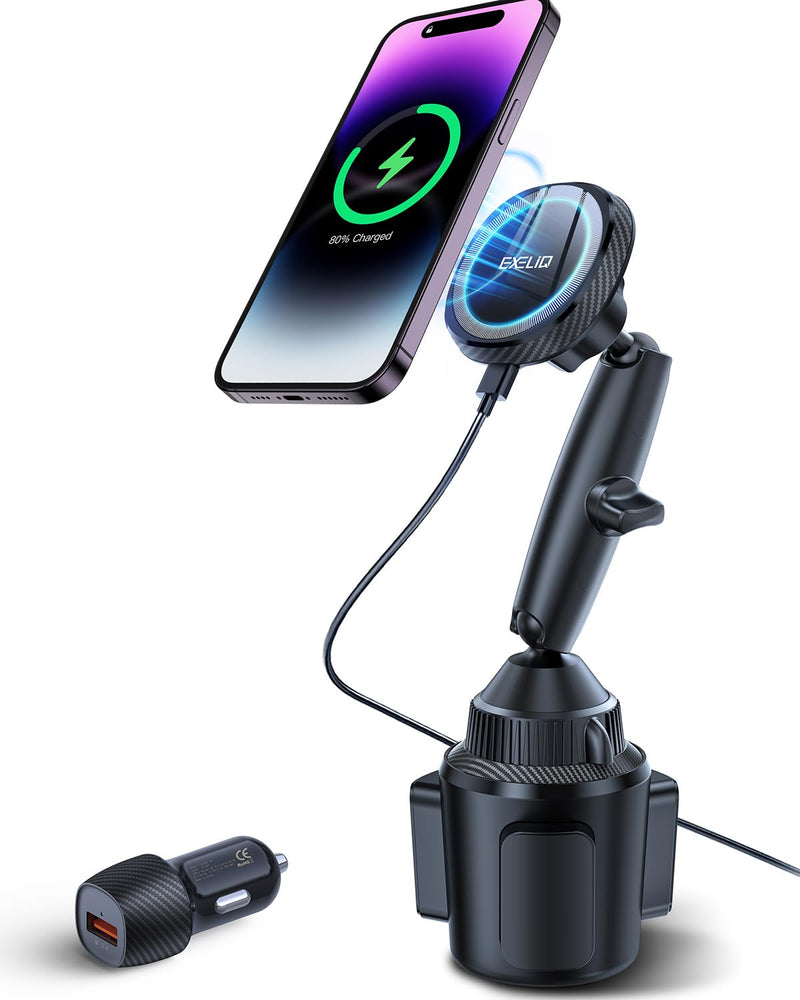 Cup Holder Charger Mount for Magsafe, Wireless Magnetic Car Mount Charger with Heat Dissipation System, Fast Charging Phone Holder for iPhone 17 16 15 14 13 Pro Max Mini [with QC 3.0 Adapter]