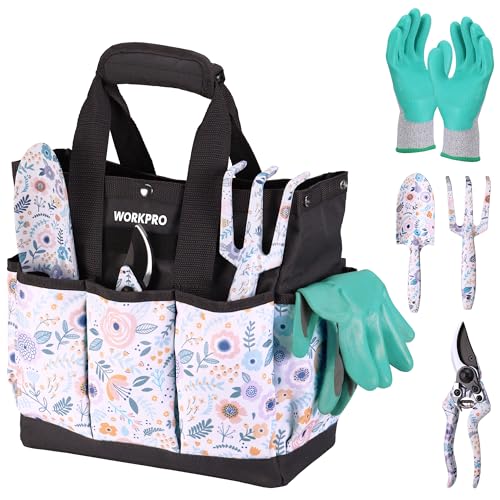 WORKPRO 5PCS Garden Tool Set, Aluminum Heavy Duty Gardening Tool Set White with bag