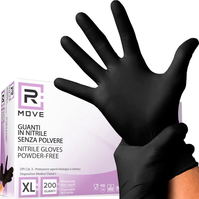 R MOVE Pack of 200 Disposable Gloves, Black, XL Nitrile Gloves, Rubber Gloves, Disposable Medical Examination Gloves, Powder-Free (200, Black, XL) Waist XL