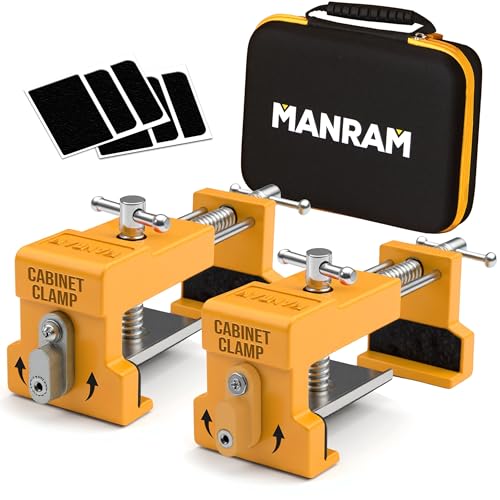 MANRAM Cabinet Clamps 2 Pack, Heavy Duty Cast Steel Face Frame Alignment Tool with Integrated Drill Guide, EVA Protective Pads and Carrying Case for Cabinet Installation 1