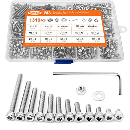 1310PCS M3 x 4/5/6/8/10/12/14/16/18/20/25/30mm Hex Socket Head Cap Screws Bolts and Nuts Flat Washers Assortment Kit, 304 Stainless Steel, Metric Machine Fully Thread, Allen Hex Drive M3 Socket Head (1310PCS)