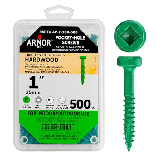 ARMOR TOOL Pocket Hole Screws - 1" Fine Thread Screws 500 Piece with Green Color Coat & Square Drive - AP-F-100-500