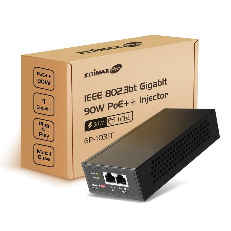Edimax Pro Gigabit PoE++ 90W (60W/30W/15W Compatible) Injector Adapter, Adds Power to PoE Powered Device (PD) Device for up to 100 Meters (328ft), Supports 802.3af 802.3at 802.3bt, GP-103IT
