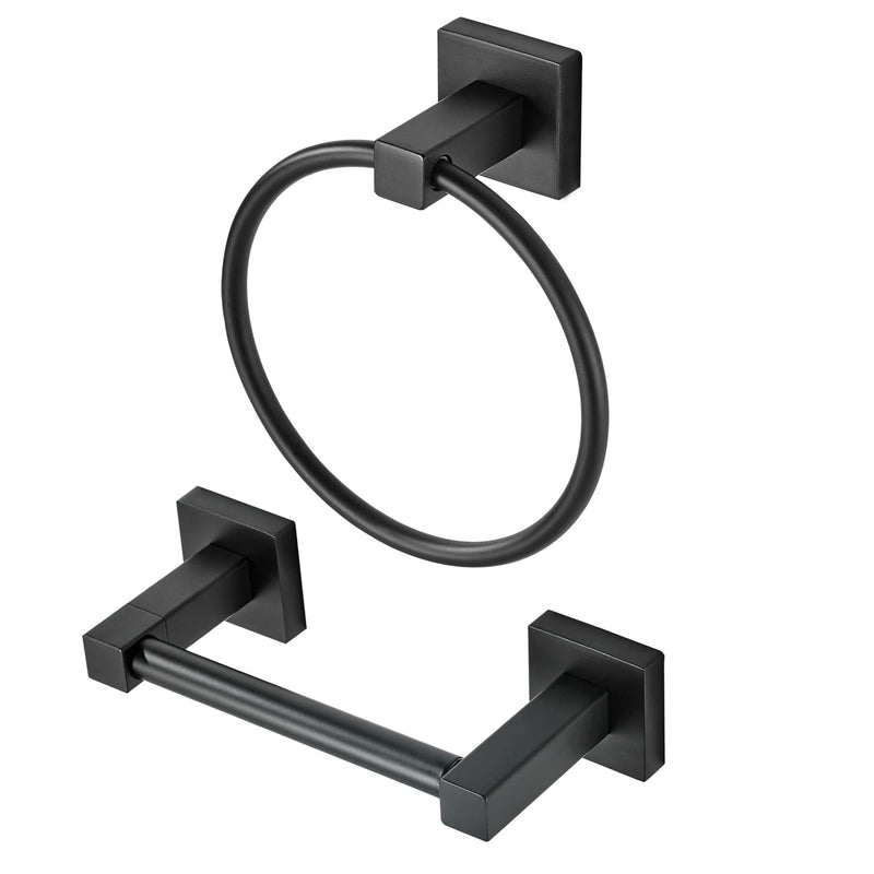 WOLIBEER Black Toilet Paper Holder Towel Ring, Matte Bathroom Hand Towel Holder Toilet Roll Holder, Modern Bath Hardware Set Wall Mounted Stainless Steel 2 Pieces