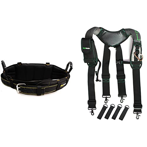 MELOTOUGH 1 PACK Padded Tool Belt with D ring and Strong Durable Double Metal Roller Buckle,Adjustable waist + 1 PACK Magnetic Suspenders Tool Belt Suspenders with Large Moveable Phone Holder