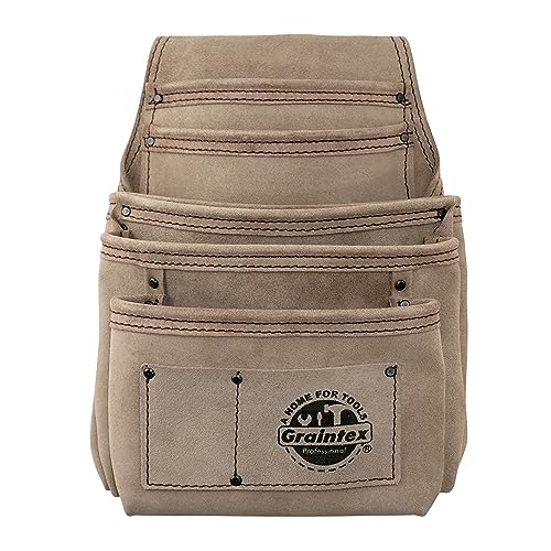 Graintex 7 Pocket Nail & Tool Pouch, Suede Leather Tool Bag, Tool Belt for Constructors, Electricians, Handymen, HVAC Tools, Professional Organizer with Adjustable Fit Beige