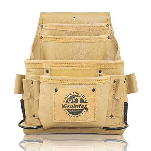 Graintex ST2267 10 Pocket Nail & Tool Pouch Rugged Beige Color Top Grain Leather for Framers, Constructors, Electricians, Plumbers, Hnadyman