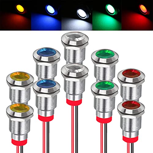 RUNCCI-YUN Pack of 10 12V-24V 12 mm 1/2 Inch LED Metal Indicator Light Waterproof Signal Lamp LED Panel Installation Indicator Light (Green × 2 Yellow × 2 Red × 2 Blue × 2 White × 2)