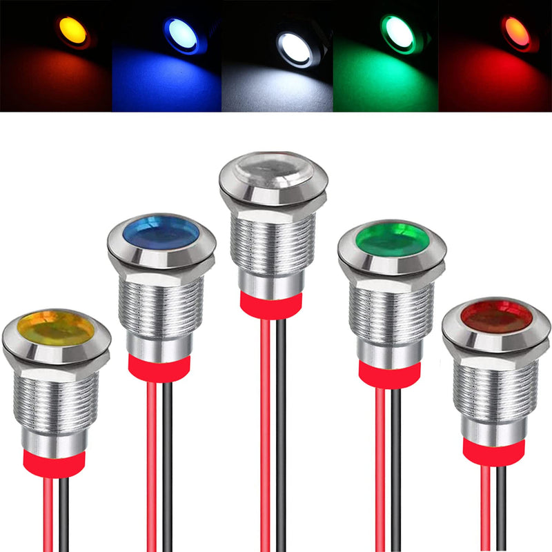 RUNCCI-YUN Pack of 5 12V-24V 12 mm 1/2 Inch LED Metal Indicator Light Waterproof Signal Lamp LED Panel Installation Indicator Light (Green × 1 Yellow × 1 Red × 1 Blue × 1 White × 1)