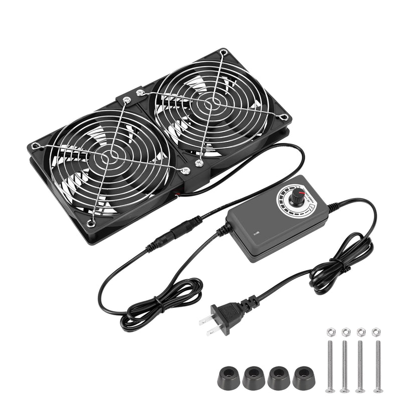 Dual 120mm High CFM Computer Fans with AC Plug, AC 110V - 240V Variable Speed Fan, Cooling for Server Closet Cabinet Mining Machine Chassis Workstation 9.5in fan with speed controller