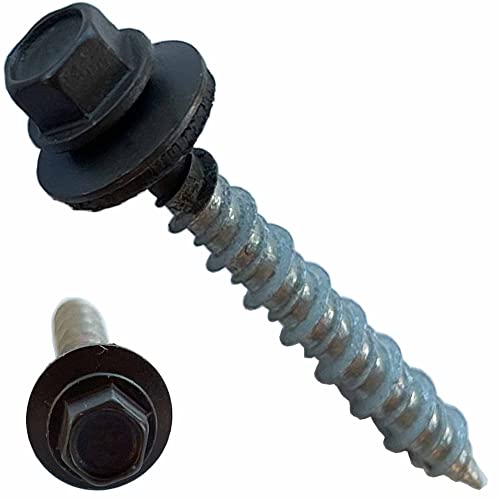 Metal Roofing Screws - #10 x 1.5” – Self Tapping ¼” Hex Head with EPDM Rubber Washer – for Metal to Wood, Corrugated Roofing, Siding, Sheds, Pancake Screw - Hex Drive Easy Install - Brown (250) 250