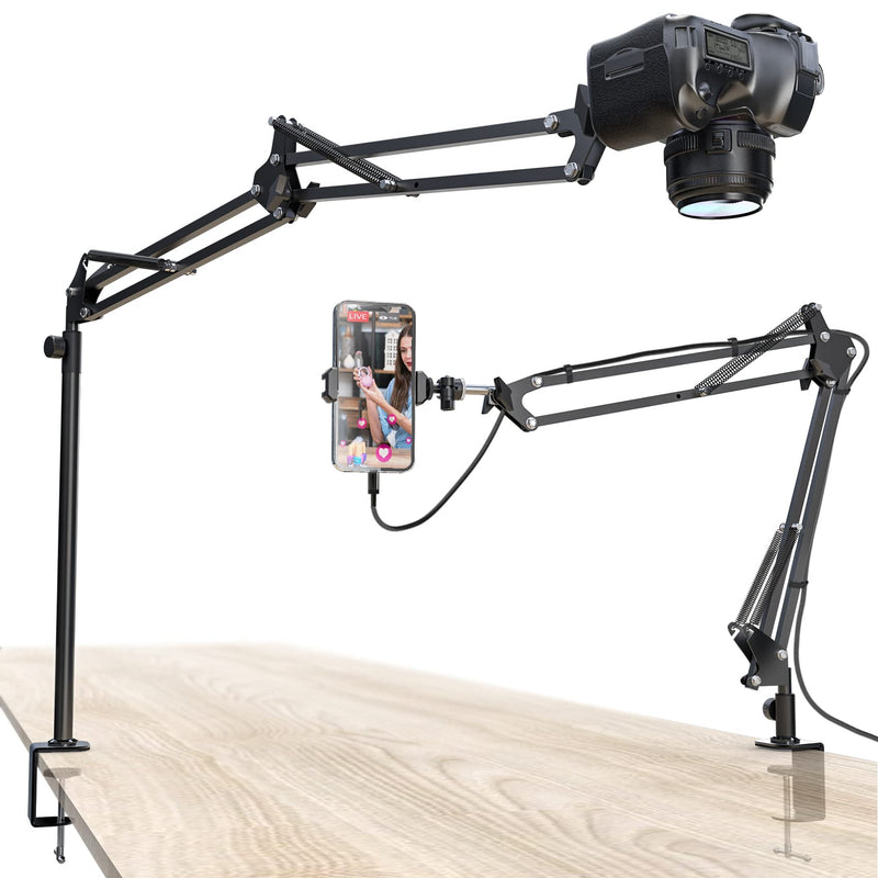 Overhead Camera Mount, 5lb Horizontal Load-Bearing, 360° Adjustable Stand for Desk, Flexible with Phone Clamp, Tabletop Mount for DSLR Camera/Webcam/Microphone Black