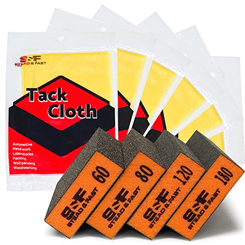 S&F STEAD & FAST Sanding Sponge 4 Pcs, 60 80 120 220 Coarse Medium Fine Grit Sanding Block/Tack Cloth 15 Pcs for Painting 18"x36"