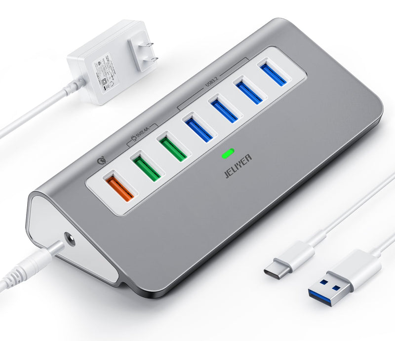 Powered USB-C 7-Port Hub, USB 3.2 Gen 2 Adapter - 4x 10Gbps Data, 3x 3.3ft Charging Ports, 30W Power Adapter for Laptop, PC, MacBook 7 Ports with Charger