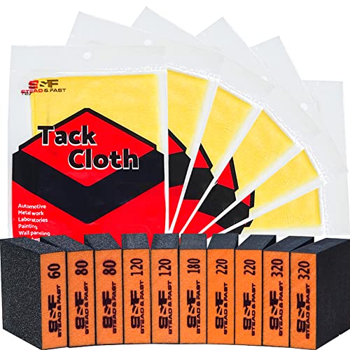 S&F STEAD & FAST Sanding Block 10 pcs with Tack Cloth, 60 80 120 180 220 320/15-Pack Painters Tack Cloth for Painting