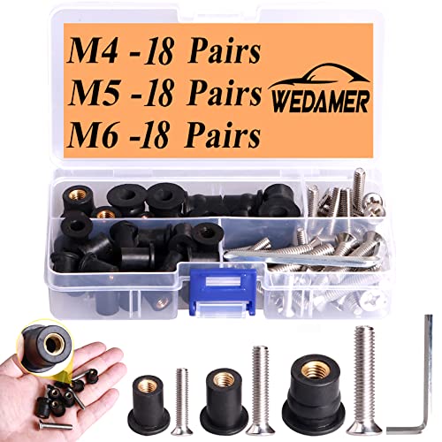 WEDAMER 54 Pairs Neoprene Well Nuts Kit M4 M5 M6 with Stainless Steel Screw M5 Rubber Well Nuts Kayak Brass Copper Bolts Well Nut Kit for Kayak Motorcycle Boat Marine Windscreen Accessories (M4 M5 M6)