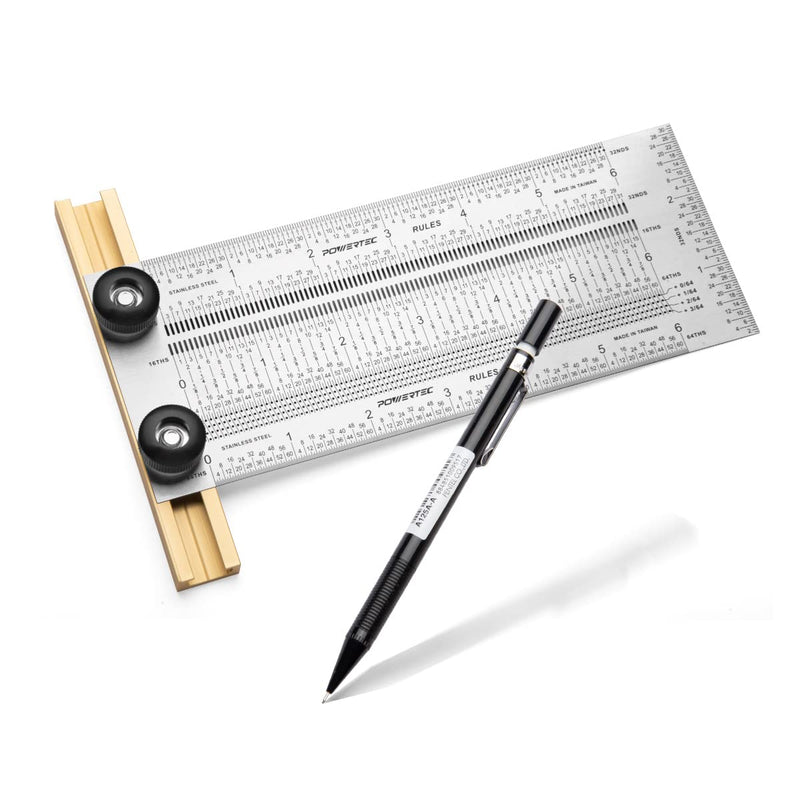 POWERTEC 6'' Precision Marking T-Square, T Rule w/Pencil for Measuring, Scribing, Setting Up Bits Height, Stainless Steel Woodworking & Crafting Marking Tools for Drill Press, Table Saw 80027 6" T Square