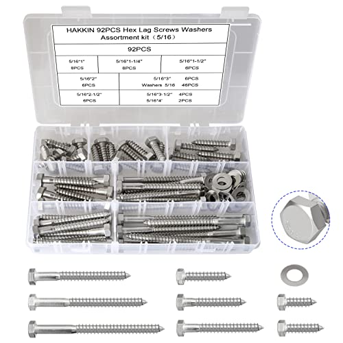 5/16" Hex Lag Bolts Screws Washer Assortment Kit 1" 1-1/4" 1-1/2" 2" 2-1/2" 3" 3-1/2" 4",92Pcs Stainless Steel Lag Screws,Heavy Duty Hexagon Head Lag Bolt Wood Screws Washer Kit by Hakkin C 5/16-18 (92PCS)