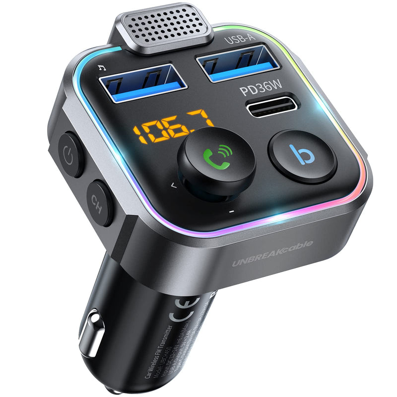 UNBREAKcable Bluetooth FM Transmitter for Car, PD 38W Fast Charging, Wireless Bluetooth FM Radio Adapter, Car Kit with Hands-Free Calls, HiFi Bass Boost MP3 Music Player Support USB Drive Grey