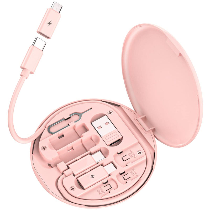 Multi USB Charging Adapter Cable Kit, USB C to Lighting Adapter Box, Conversion Set USB A & Type C to Male Micro/Type C/Lightning, Data Transfer, Card Storage, Tray Eject Pin, Phone Holder (Pink) pink