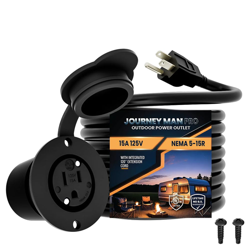 10 Foot 15A Weatherproof Outdoor Power Outlet by Journeyman-Pro 15 Amp 110/120 Volt 5-15R Receptacle Kit with Integrated (10' FT) 120" Extension Cord + Waterproof Rubber Cover (Black) BLACK