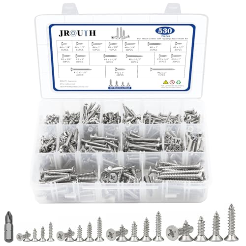 530Pcs Stainless Steel Wood Screws Set #4#6#8#10#12 Phillips Flat Head Sheet Metal Screw Self Tapping Screws Assortment Kit, Length 1/4" to 2" Flat Head - 304 Stainless Steel - 530pcs