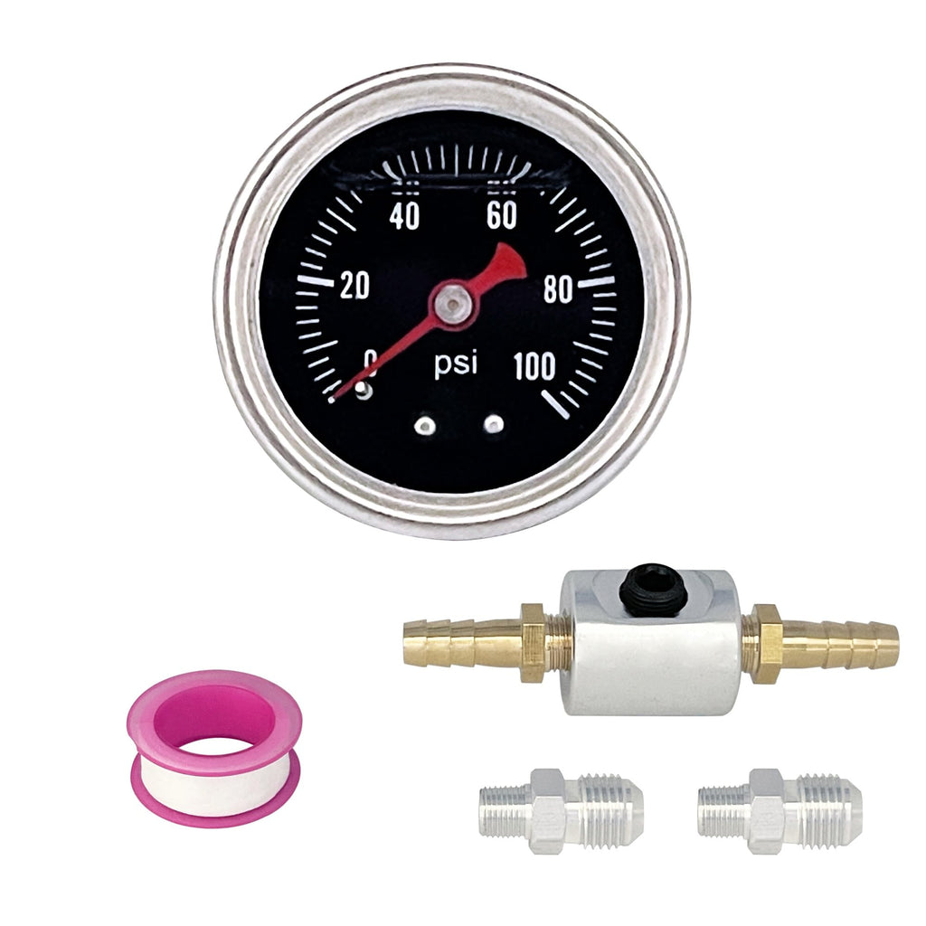 1/8" NPT Back Mount, Fuel Pressure Gauge Glycerin Filled,1-1/2" Dial Size, 0-100 Psi,with 6AN to 1/8 NPT Fitting Adaptor Kit, Universal, Polished Case,Liquid Filled