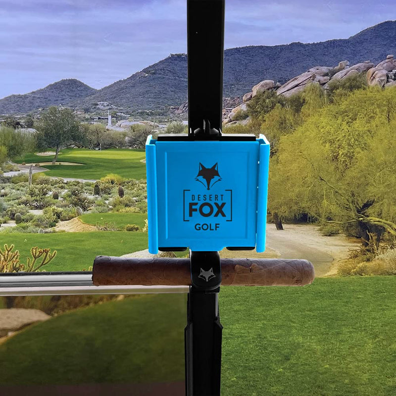 Desert Fox Golf Phone Caddy + Cigar Holder – Adjustable Golf Cart Phone Mount with Secure Cigar Clip – Hands-Free GPS & Golf App Access – Fits All Phones & Cigars (Blue) Blue