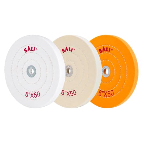 SALI 3 Pack Polishing Wheel for Bench Grinder Buffing Wheel 8 inch Yellow-Coarse White-Medium White -Fine (50 Ply) for 5/8'' Arbor Buffer Polisher Polish Pad Multi