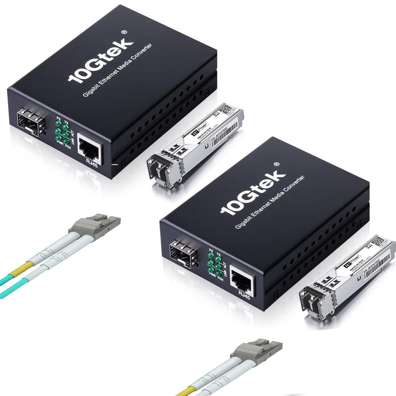30m OM3 LC to LC Fiber Cable with 1 Pair of Fiber to Ethernet Media Converter, Gigabit Multimode SFP LC Converter, 1000Base-SX to 10/100/1000M RJ45, MMF, 850nm, up to 500m