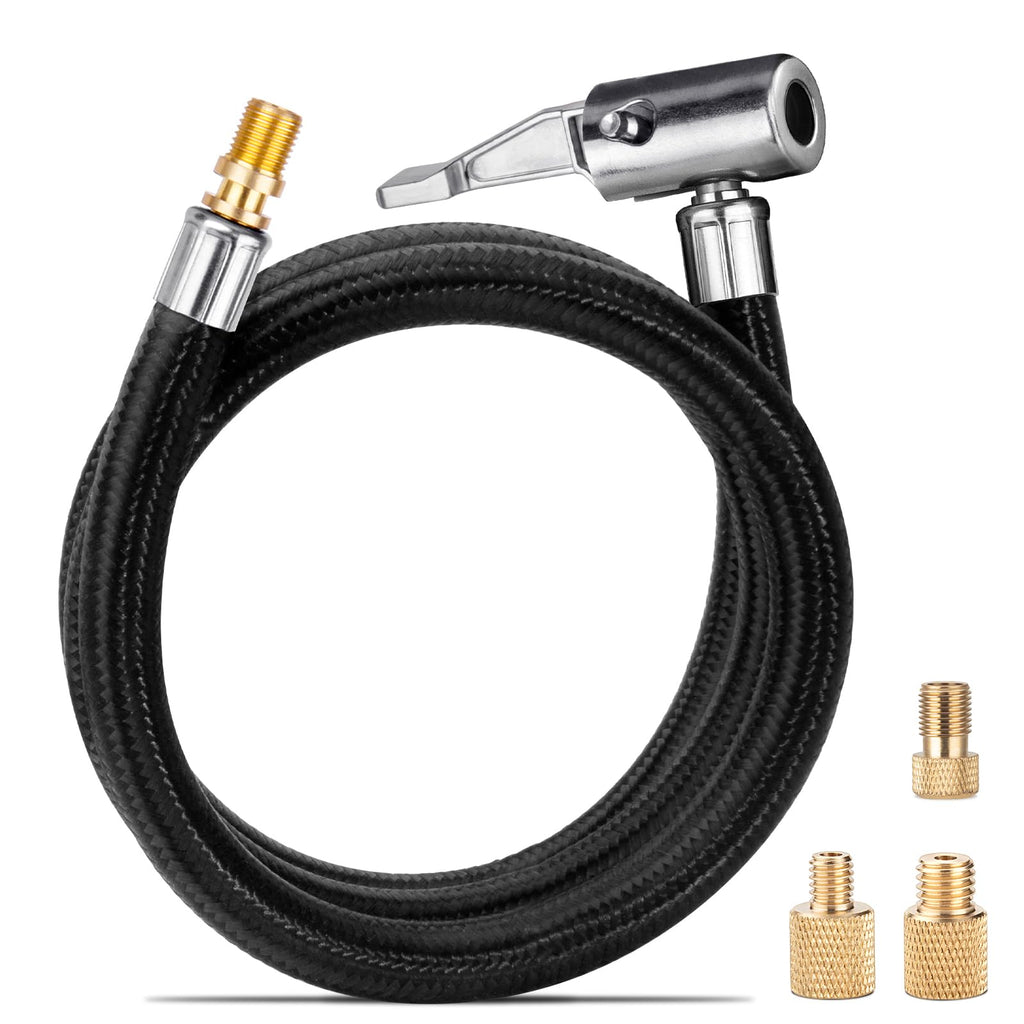 31" Upgraded Lengthened Tire Inflator Hose Adapter &Converting Nuts, Lock On Air Chuck with Hose and Tire Schrader Valve Fine Thread, for tire pump's Twist On Convert to Lock On Connection Braided Hose Set