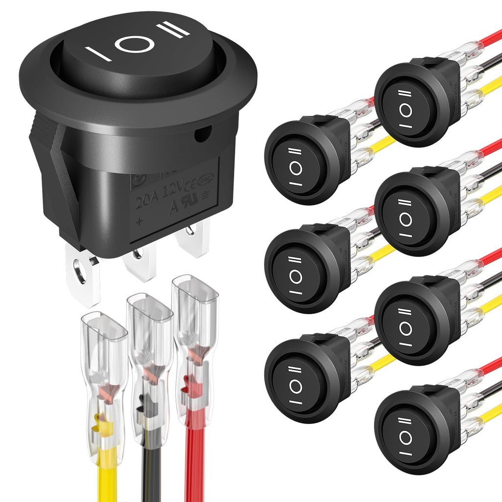 Joinfworld 3 Way Round Rocker Switch 12V, Waterproof 3 Pin 3 Position ON/Off/ON 6A/250V AC 10A/125V DC SPDT Circle Toggle Switch with Wires for Auto Car Marine Boat - 8Pack ON-OFF-ON