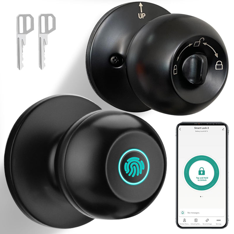 JO.KO Fingerprint Door Lock, Biometric Door Lock with App Control & Key, Smart Door Lock for Bedroom, Entry Door, Keyless Finger Print Door Knob with Thumb Print Black