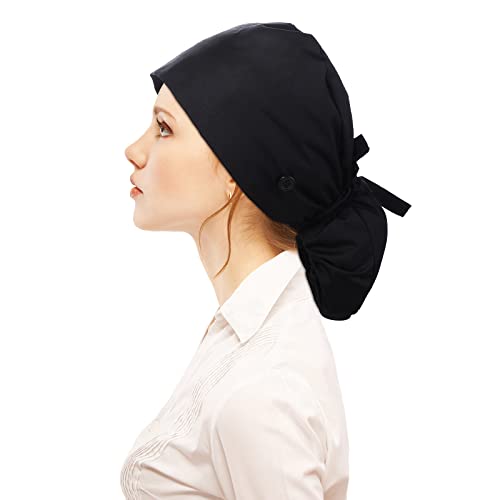 Surgical Cap Fabric Black Cotton Scrub Hat Surgical Cap Nurse Hat Surgical Hat Adjustable Work Hat with Button Sweatband Ponytail Pocket Hat Lace-up Hat for Women