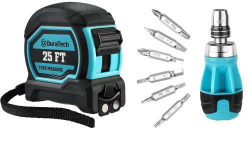 DURATECH Magnetic Tape Measure 25FT with Fractions 1/8, Retractable Measuring Tape with Stubby Ratcheting Screwdriver, 12-in-1 Multi-bit Short Screw Drivers, Innovated Bits Quick-Load Mechanism
