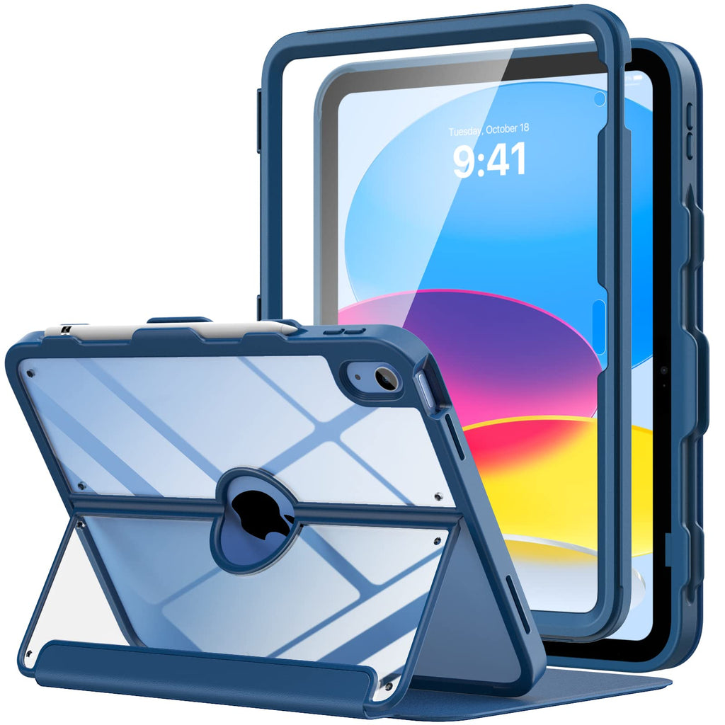 MoKo for iPad 10th Generation Case with Pencil Holder, iPad Case 10th Generation 2022 10.9", Built-in Screen Protector Clear Back, Stain Resistant Multi Angle Viewing Stand, Auto Wake/Sleep, Navy Blue