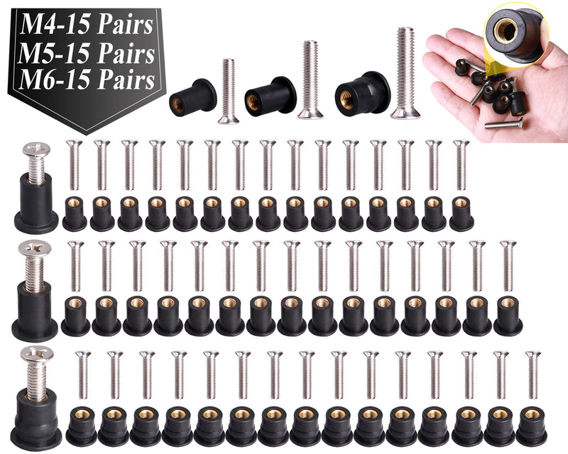 WEDAMER 45 Pairs M4 M5 M6 Neoprene Well Nuts with Stainless Steel Screw M5 Rubber Well Nuts Kayak Brass Copper Bolts Well Nut Kit for Kayak Motorcycle Boat Marine Windscreen Accessories (M4 M5 M6) M4 M5 M6 each 15 Pairs