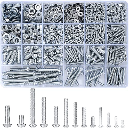 wugongshan 1080 Pcs Screws Bolts and Nuts Assortment Kit, Metric Machine Screws and Nuts and Flat Washers, M3/M4/M5/M6 Cross Slotted Round Head Bolts Sets (C) C
