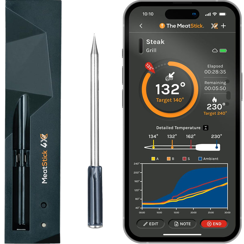 MeatStick 4X Wireless Meat Thermometer for Grilling and Smoking, Bluetooth Temperature Probe with 4 Sensors, 650ft+ Range for BBQ, Smoker, Oven MeatStick 4X Set (650ft Range)