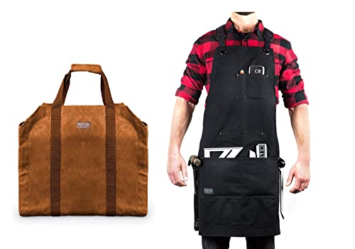 Hudson Durable Goods Deluxe Waxed Canvas Apron and Firewood Carrier Bag Bundle