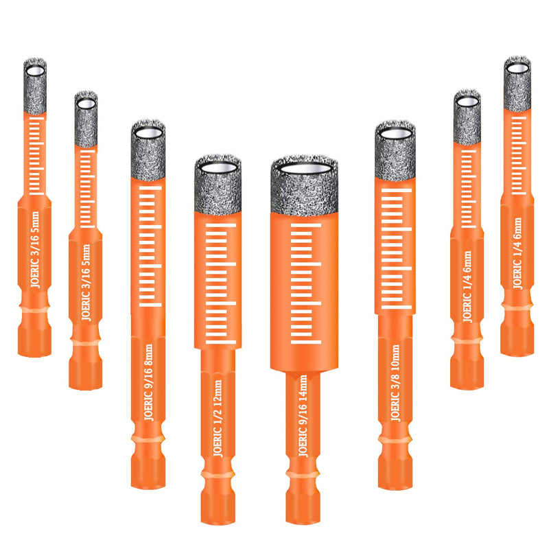 8 PCS Orange Dry Diamond Drill Bits Set, Hex Shank Diamond Hole Saw Kit with Storage Bottle, for Granite Marble Tile Ceramic Stone Glass Hard Materials (Not for Wood) with Size 3/16'' to 9/16''
