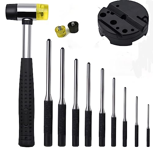 Punch set, Roll pin punch set with hammer +storage pouch+bench block,Roll pin starter punch1/8,5/64,3/32,1/6,5/32,3/32,7/32,1/4,5/16[9pc] GREY